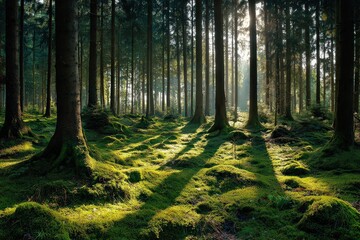 Obraz premium Sunlight Streaming Through Dense Green Forest with Tall Trees and Mossy Ground Creating an Atmospheric Scene in Natural Light