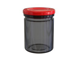 Multipurpose clear black glass bottle with red cap, top view in perspective.