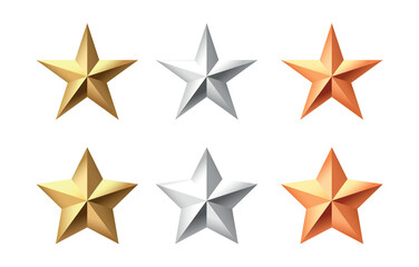 Golden, bronze, silver glossy metallic stars 3d realistic style. 1, 2, 3 place symbols transparent background