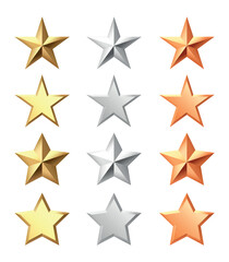 Golden, bronze, silver glossy metallic stars 3d realistic style. 1, 2, 3 place symbols. transparent background