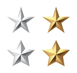 Set of Golden and silver Christmas 3d Star metal glossy bright shine five angle star shape isolated collection on transparent Background.