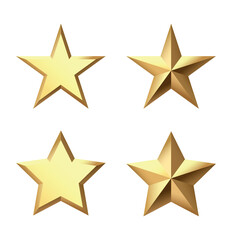 Set of Golden Christmas 3d Star metal glossy bright shine five angle star shape isolated on transparent Background collection.