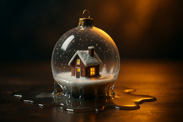 Miniature snowy house inside melting glass Christmas ornament ball on wooden surface, warm glowing light reflection, concept of climate change global warming environmental awareness holiday decoration