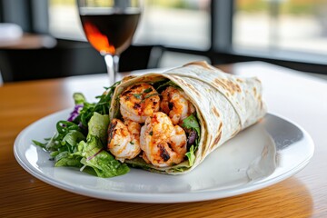 Spicy seafood wrap delight cozy restaurant food photography warm light elevated viewpoint culinary experience