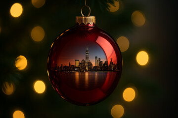 Red Christmas bauble reflecting modern city skyline at night, festive ornament hanging on tree branch, urban holiday celebration light bokeh background, elegant seasonal decoration concept photography