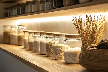 Organized kitchen shelves with glass storage jars high resolution picture