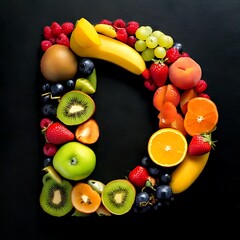 Colorful fruit pieces arranged into the shape of the letter D