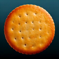 Close-up shot of a single, round, golden-brown, salted cracker