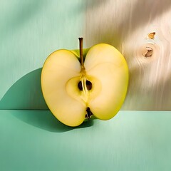 Cross-section of a fresh apple, resting on a green and wood surface