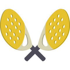 Pair of crossed yellow potato chip shaped paddles with grey handles on a transparent background simple cartoon illustration