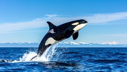 Orca leaps high above ocean waves, snow-capped mountains visible on horizon under clear blue sky with wispy clouds