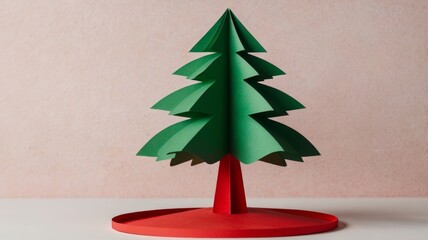 A decorative paper Christmas tree displayed on a vibrant red stand.