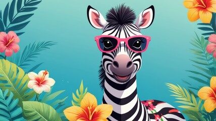Cartoon zebra wearing sunglasses and a flower print dress, striking a fun and stylish pose against a colorful background.