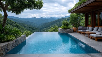 A large pool with a view of mountains