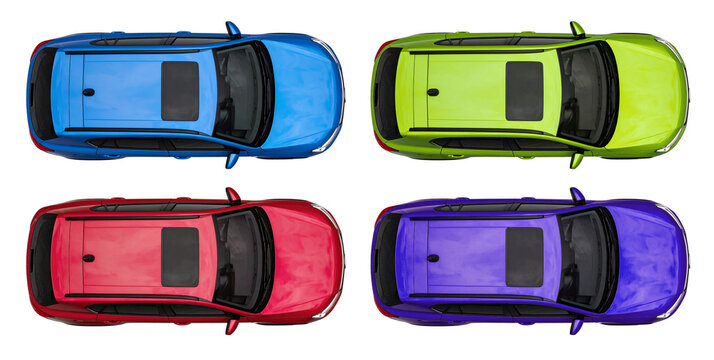 top view of colorful suv car collection isolated on white