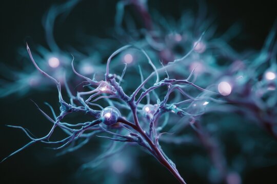 bioluminescent organic network with blue dots connected by purple neural lines visualizing abstract data connections and microscopic life in neon light