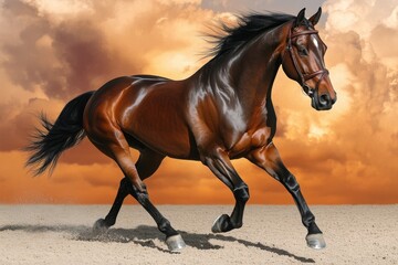 Obraz premium Magnificent Thoroughbred Horse with Fluffy Mane Galloping Gracefully in Sunset on Sandy Terrain