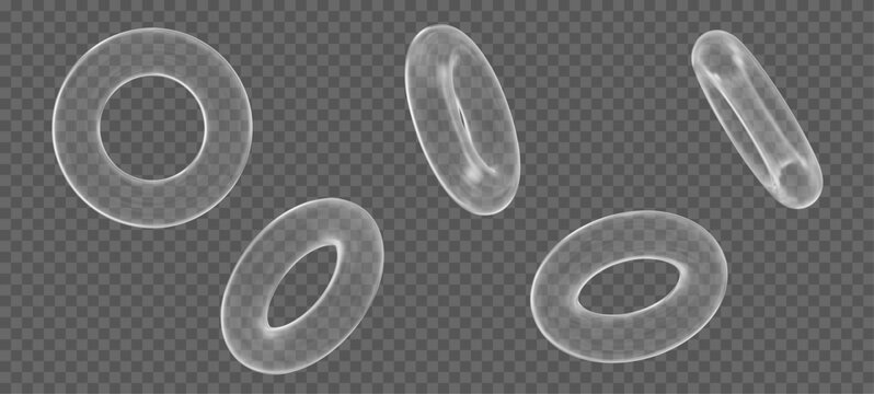 3d set glass transparent torus symbol or icon with different angles. Geometry figure tor form. Stock vector illustration on isolated background.