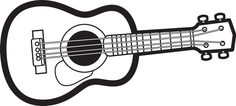 Simple hand drawn black and white illustration of a ukulele or small acoustic guitar
