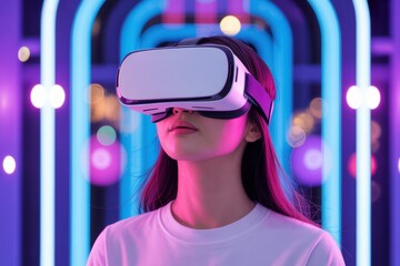 Woman wearing a vr headset in a neon lit environment looking up with a white shirt and dark hair