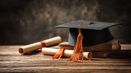 Graduation cap with orange tassel and diplomas on rustic table celebrating academic success