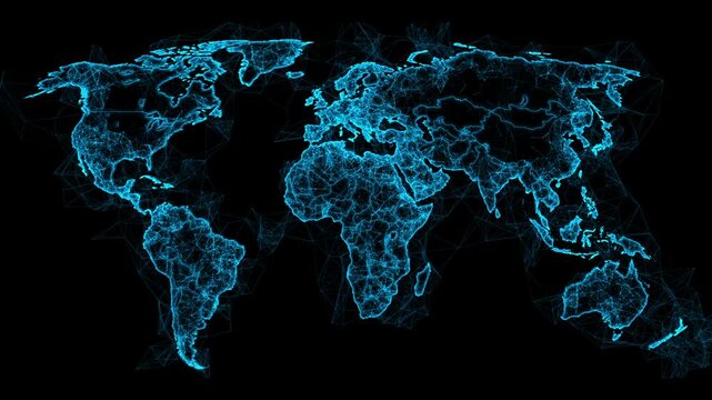 Stylized world map with a blue, glowing plexus network effect on a black background. For global business, technology, or data concepts