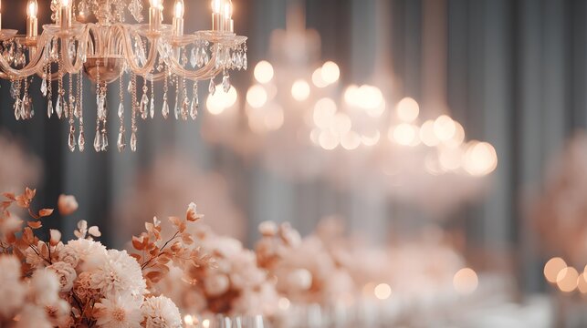 Luxury event space INTENTIONALLY BLURRED IMAGE with glowing chandeliers and soft fall hues