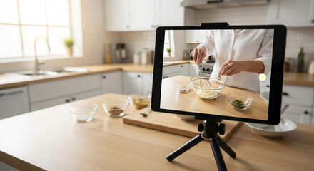 キッチンで料理動画を撮影するタブレットと手元