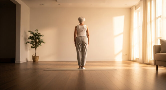 自宅でヨガの準備をするシニア女性の後ろ姿