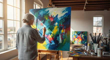 アトリエで抽象画を描くシニア女性と絵の具の道具