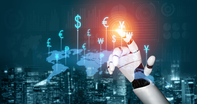 AI artificial intelligence facilitates secure global money exchange with smart fintech systems, virtual assistants, and intelligent conversion tools for digital transactions. Vouch