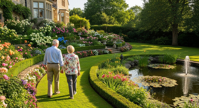 英国風ガーデンを散策するシニア夫婦と池の風景