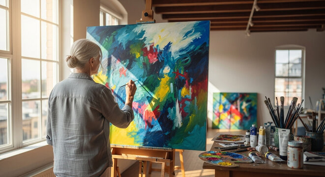 アトリエで抽象画を描くシニア女性と絵の具の道具