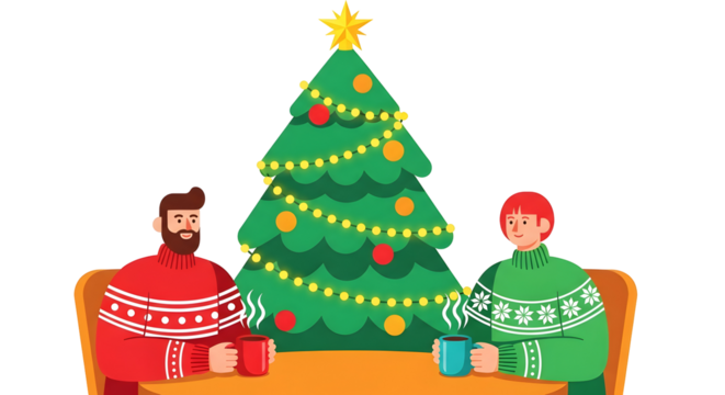 Two people celebrating Christmas together at home sitting at a table near a decorated Christmas tree vector illustration