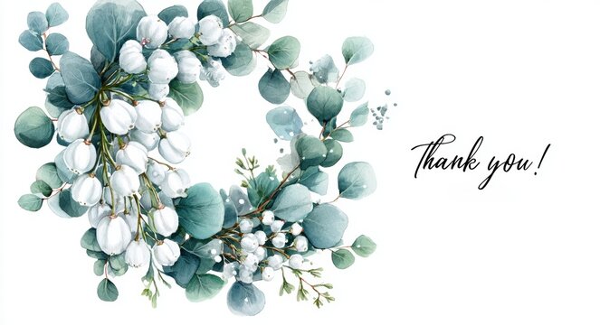 The design art on this thank you card features a watercolor depiction of floral eucalyptus leaves and white flowers