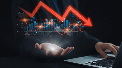 Economic caution visualized with fluctuating market graph, alert symbols, and negative data trends....