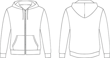 Front and back view of blank hoodie mockup, unisex zip up sweatshirt template, casual fashion clothing design, vector illustration outline © Creatives Sakib
