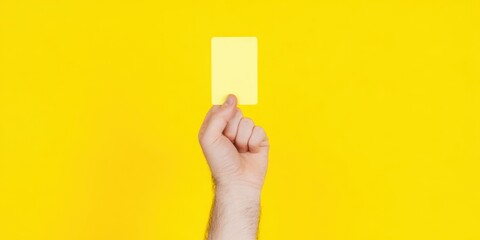 Hand holding yellow card warning concept against bright background