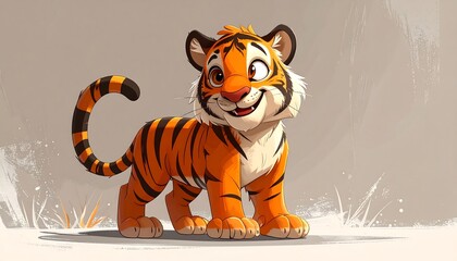 Animated baby tiger smiling with orange and black stripes on a beige background