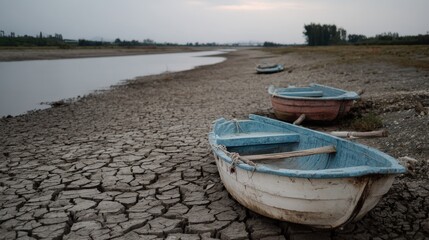 Obraz premium Dried Riverbed with Abandoned Boats in a Cracked Landscape Under a Overcast Sky