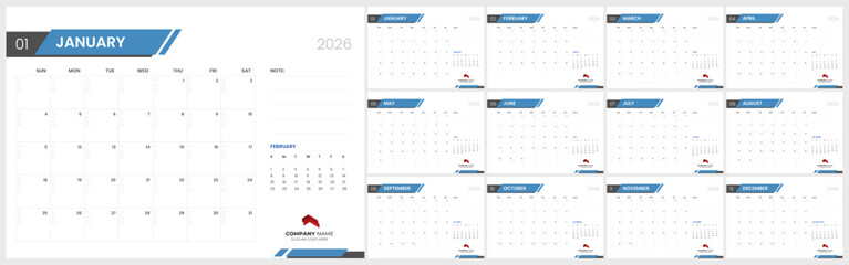 Clean desk calendar template for 2026. Monthly 2026 calendar layout for business.