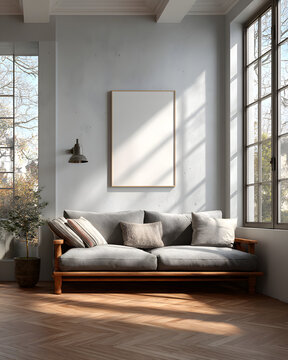 Blank frame hanging on white wall over wooden sofa on parquet floor in sunlit room of modern house.