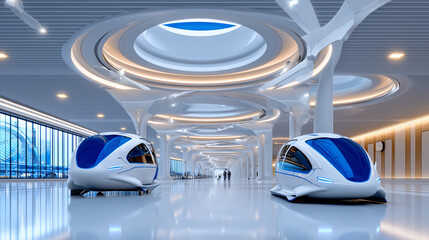 Futuristic airport terminal with flying taxis and overlay space, photorealistic