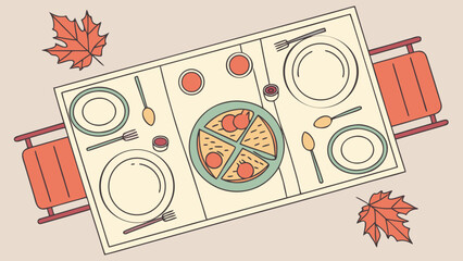 Illustration of Outdoor Autumn Dining Table with Pizza and Leaves