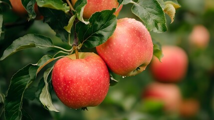 Obraz premium Red Apples Hanging on Tree Branch Green Leaves Orchard