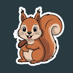 A cartoon squirrel sticker holding an acorn with a fluffy tail on a dark gray background design