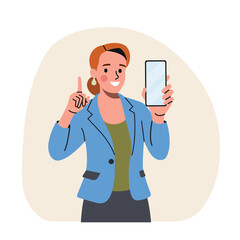 Young business woman holds smartphone and and raised her index finger up. Vector flat style cartoon  illustration.