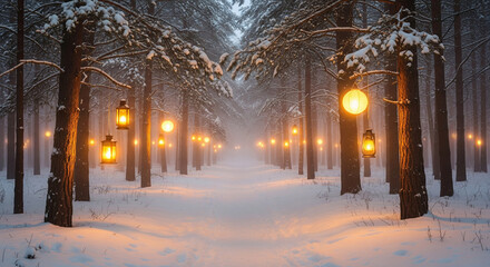 Enchanting winter forest path illuminated by glowing lanterns, creating a magical and serene ambiance