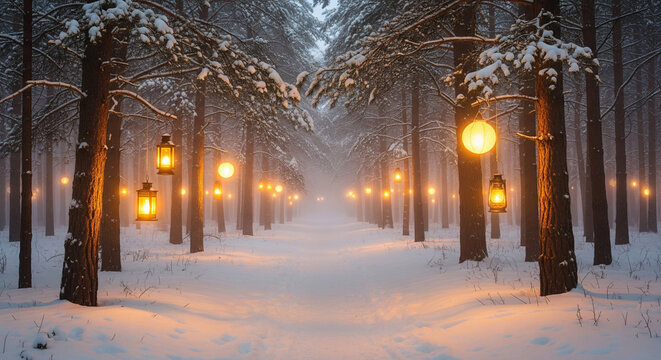 Enchanting winter forest path illuminated by glowing lanterns, creating a magical and serene ambiance