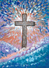 Acrylic painting cross on abstract colorful background, brown crucifix. illustration for abstract cross or crucifix and rood concept. Hand painted impressionism texture style on paper. vertical